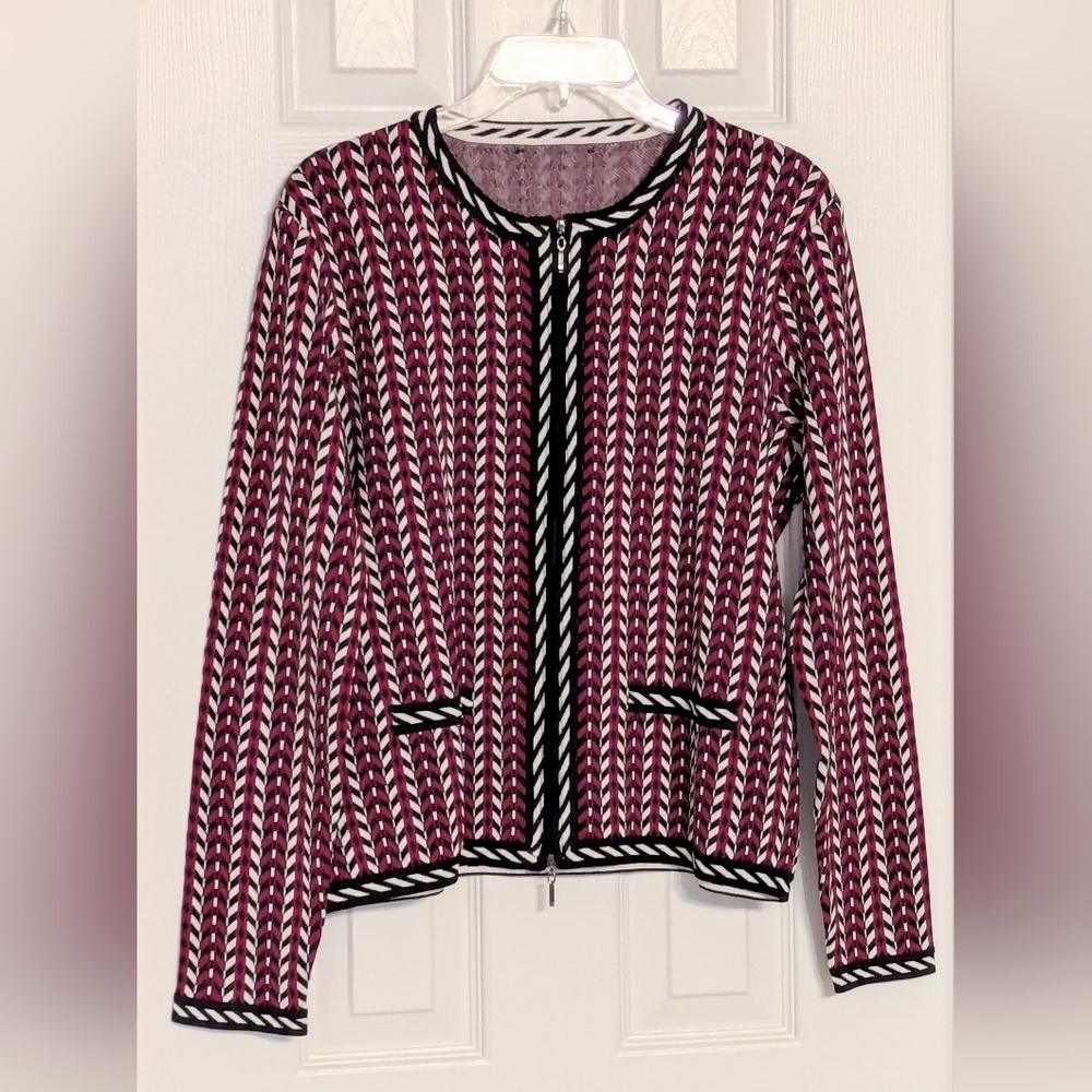 Kasper Women's (Large) Black Red & White Zip-Front Geometric Pattern Cardigan